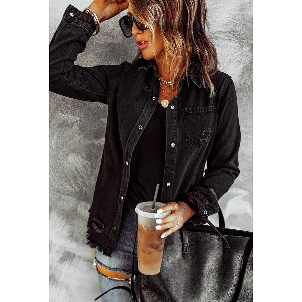 Black Ripped Shirt Denim Long Sleeve Coat Jacket Women - EX-STOCK Canada