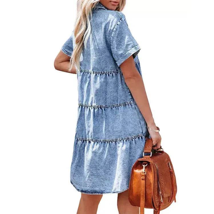 European And American Washed Denim Lapel Ruffled Denim Dress Jeans Flared dress Casual Denim mini dress - EX-STOCK Canada