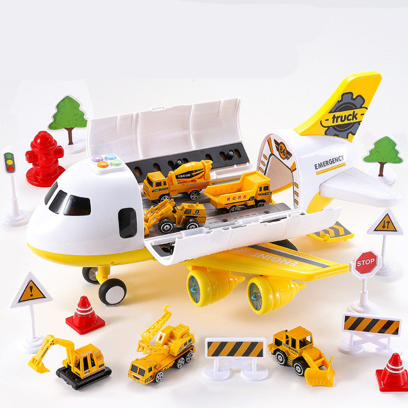 Toy airplane with construction vehicles and accessories on a white background