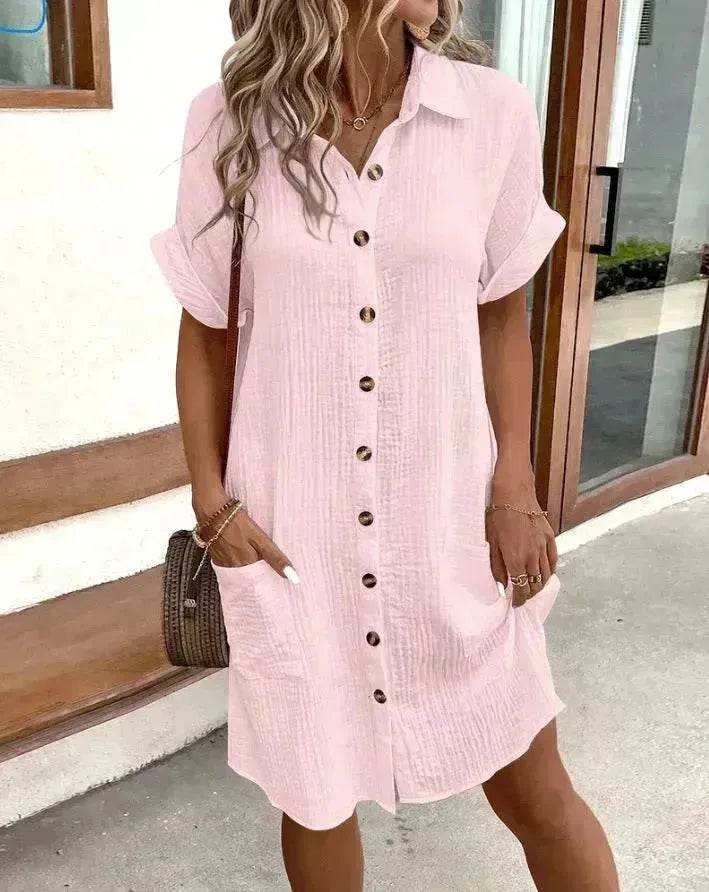 Womens Button Down Shirt Dress Summer Cotton Linen Dress V-Neck Mini Dress Casual Short Sleeve Loose Tunic Dresses - EX-STOCK Canada