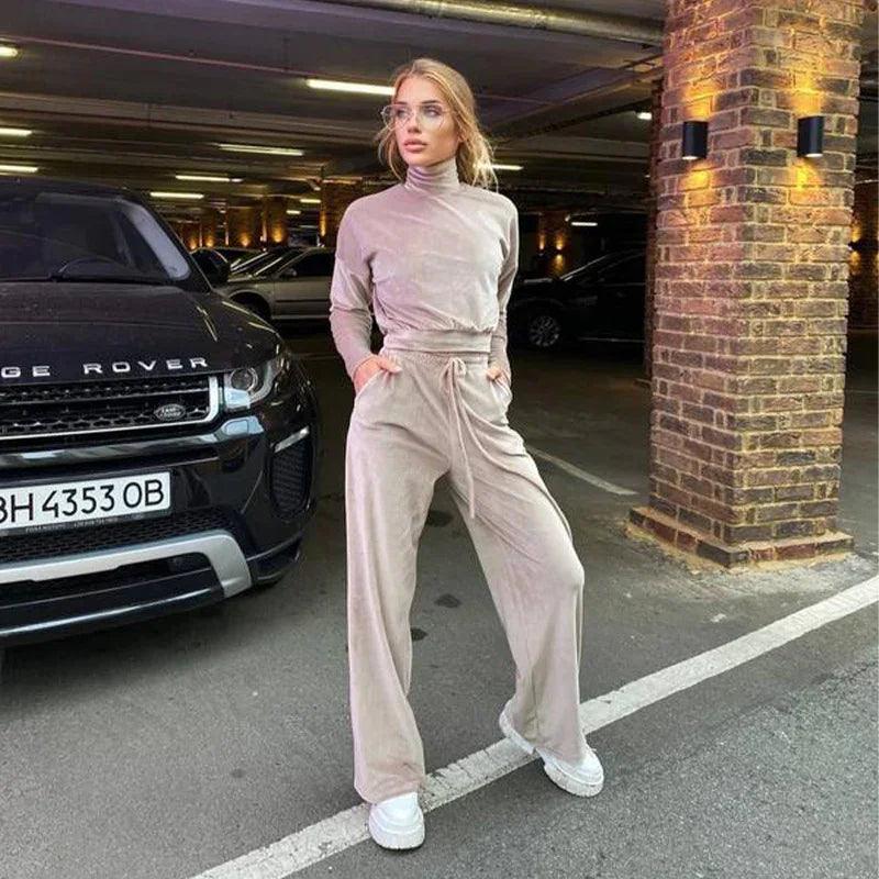 Silver Fox Velvet Turtleneck Long Sleeve Top Drawstring Trousers Suit EX-STOCK Canada