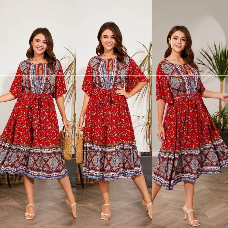 Modest Plus Size Summer dress V Neck Midi Beach boho Dress - EX-STOCK Canada