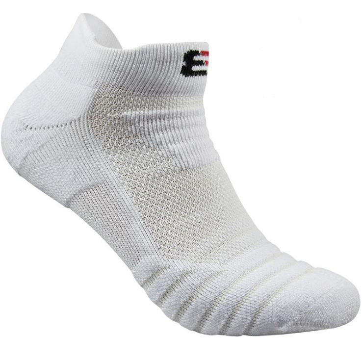 White ankle sock with a brand logo on a white background