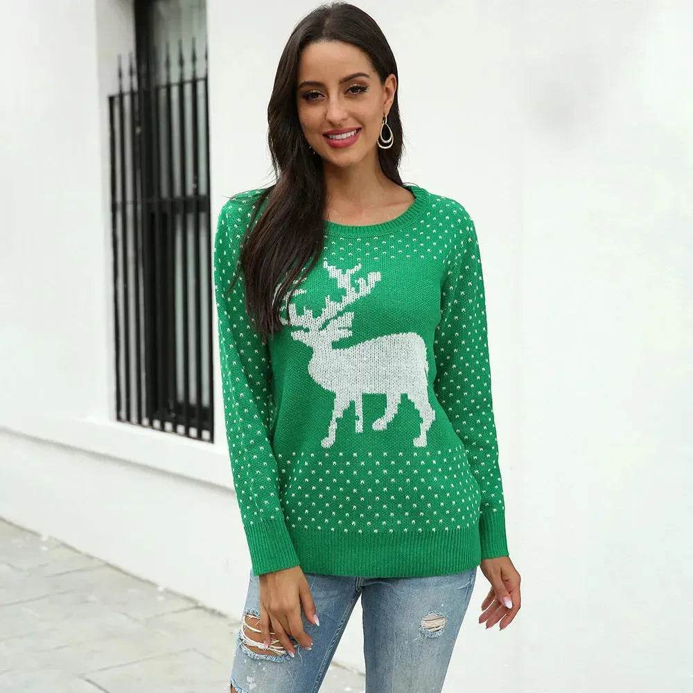 Fawn Reindeer jacquard christmas sweater Round neck women - EX-STOCK Canada