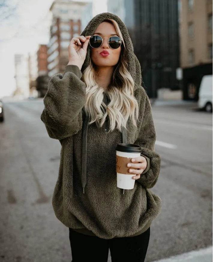 Women's Polerones Fleece Hoodie Pullover fall Winter Zipper Pocket Sweatshirt - EX-STOCK Canada