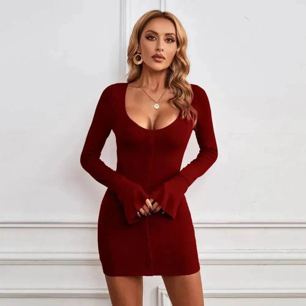 Chic Ladies Bodycon U-neck Long-sleeved Dress Charming Slim Hip-hugging Short Mini Dresses for Women - EX-STOCK Canada
