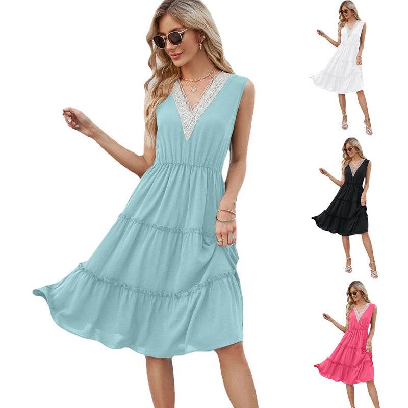 V-neck Dresses Women Sleeveless Pleated Ruffle Elegant Dress Beach Summer - EX-STOCK Canada