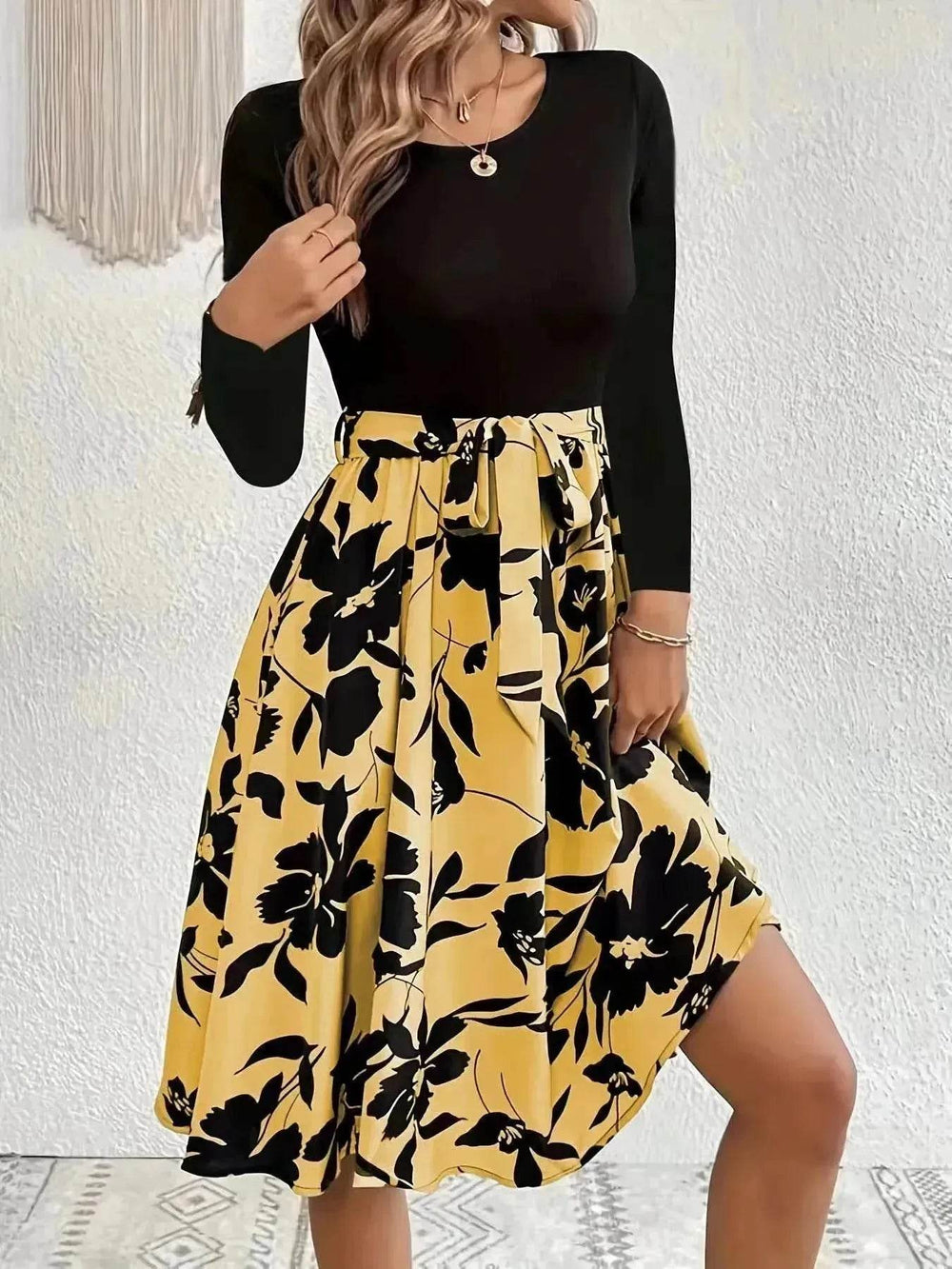 Floral Print Long Sleeve Skirt - Round Neck Flared Dress - EX-STOCK Canada