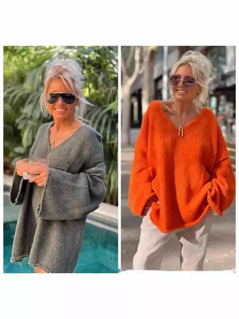 Women's Fashion V-neck Long-sleeve Knitwear 2-color Sweater dress - EX-STOCK Canada