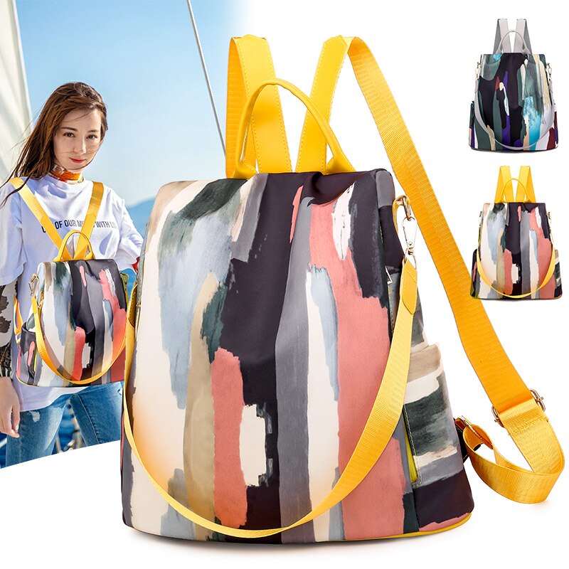 Women's Abstract Art Print Anti-Theft Backpack — Yellow & Light Grey