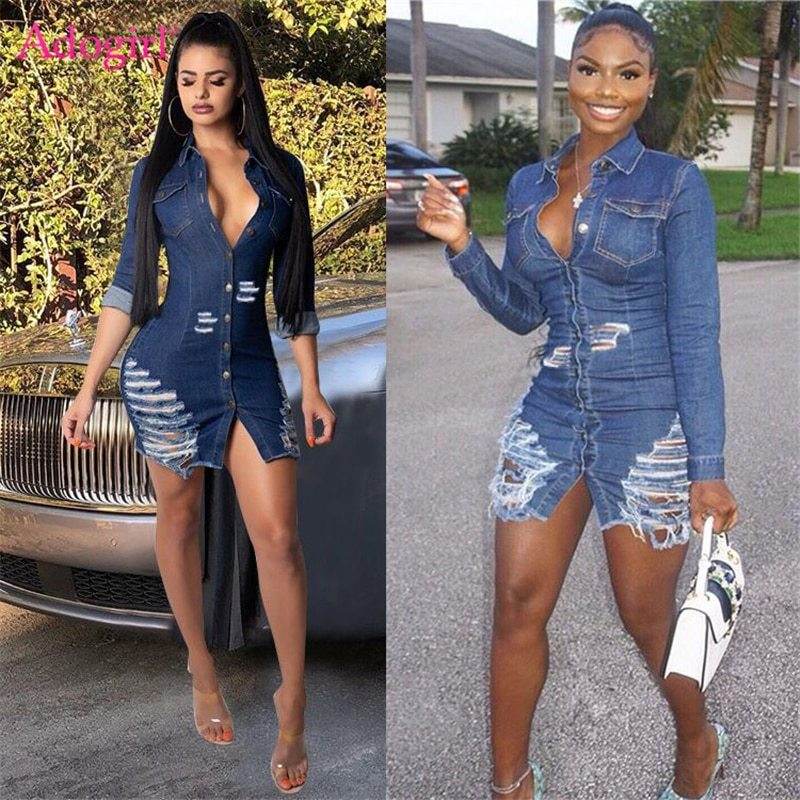 Chic Fashion Fitted Ripped Long Sleeve Jeans Denim hip dress - EX-STOCK Canada