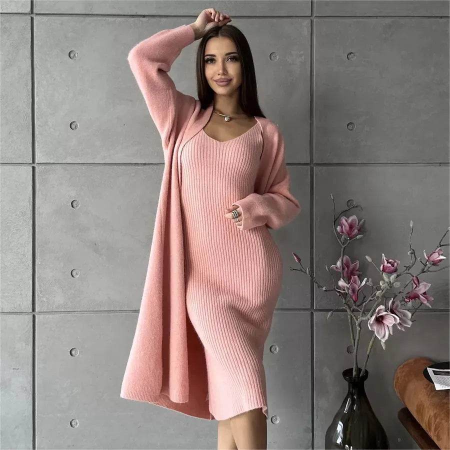 Women 2pcs Winter outfit set Long dress Cashmere Long Cardigan Jacket - EX-STOCK Canada