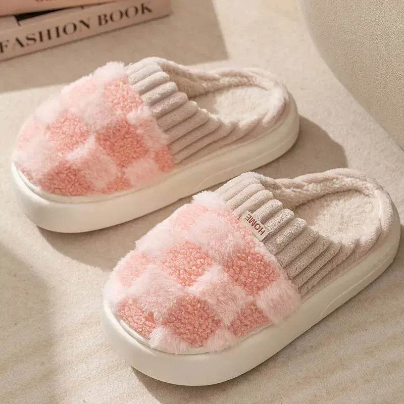 Plaid Plush Slippers Women's Indoor Plush Home Slippers Soft Sole Thick Non-Slip Warm House Shoes Couple Autumn And Winter - EX-STOCK Canada