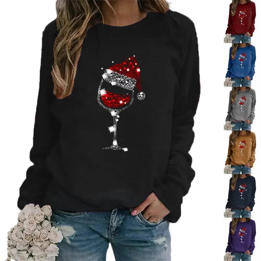 Clothing Christmas Women's Sweater Christmas Hat Red Wine Glass Graphic Print Crew Neck Long-sleeved Sweater - EX-STOCK Canada