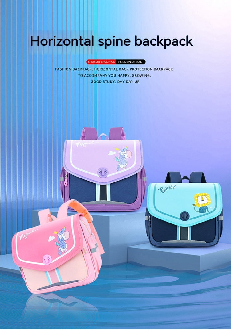 Three children's backpacks on a blue gradient background with text about horizontal spine backpacks.
