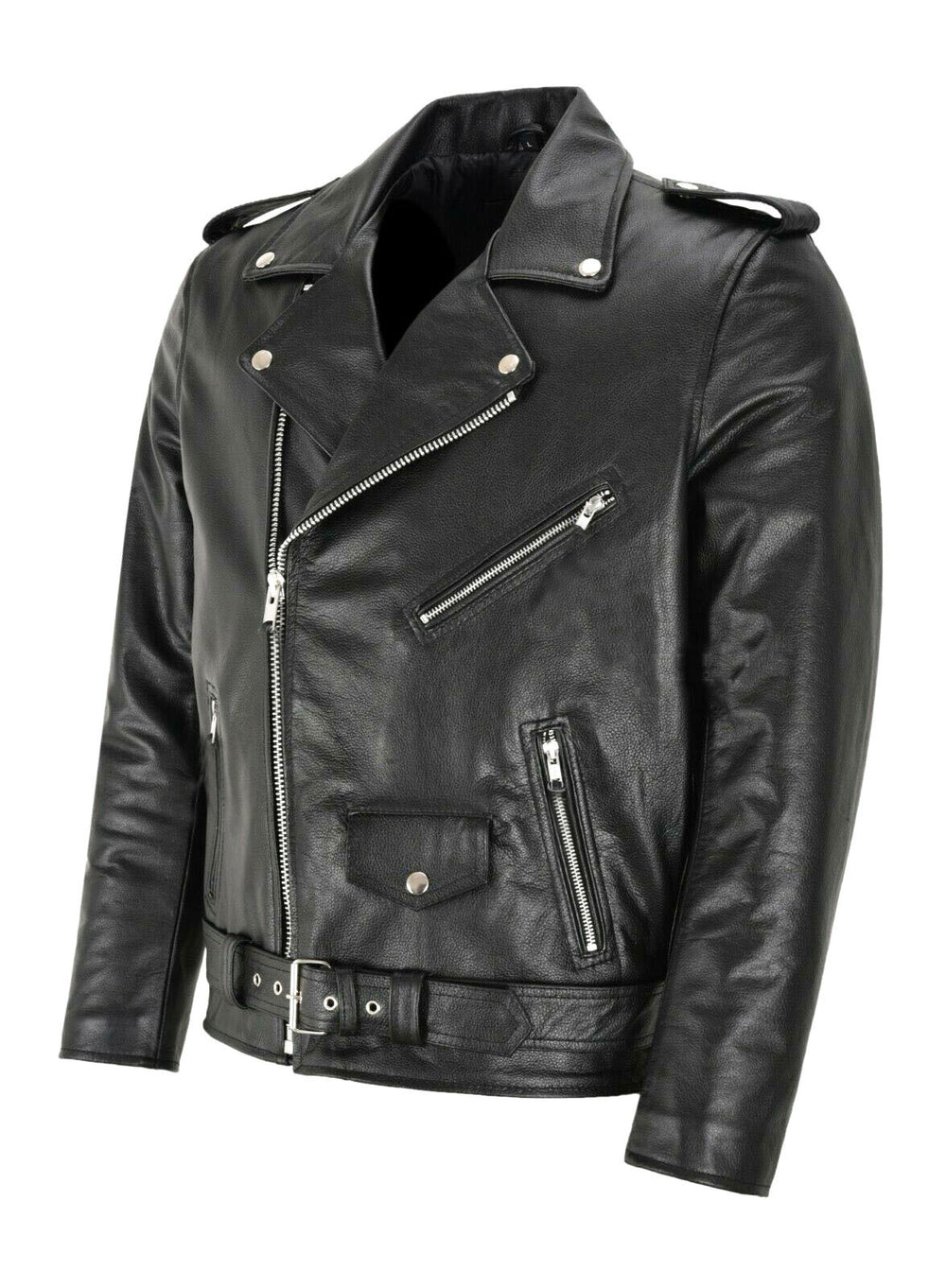 Black leather jacket with zippers on a white background