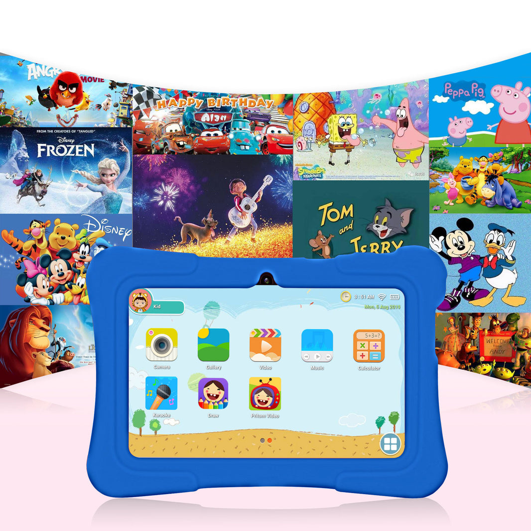 Blue children's tablet with cartoon-themed app icons on a colorful background of animated characters and scenes.