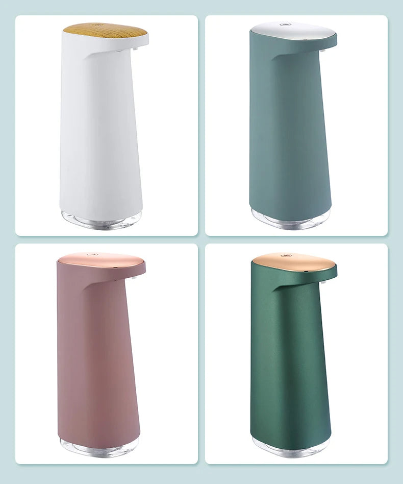Four different colored soap dispensers arranged in a grid on a light blue background.