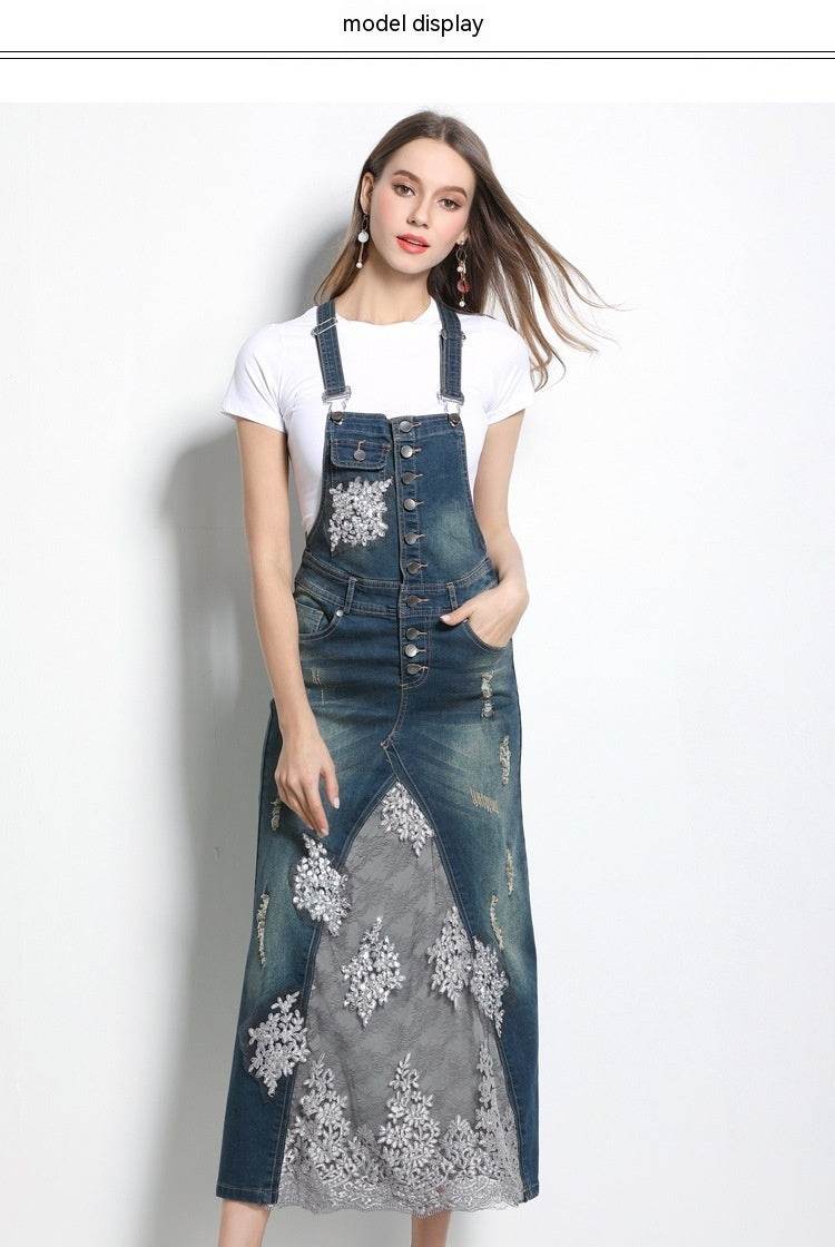 Embroidered Lace Denim Midi Jumper Dress European and American Style - EX-STOCK Canada