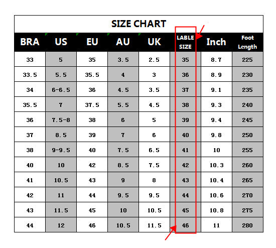 Size chart for shoes with label size, inch length, and foot length measurements.