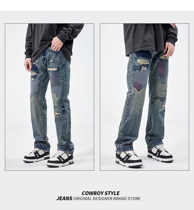 American Style Loose Broken Patch Straight Retro Denim Jeans pant Trousers Men - EX-STOCK Canada