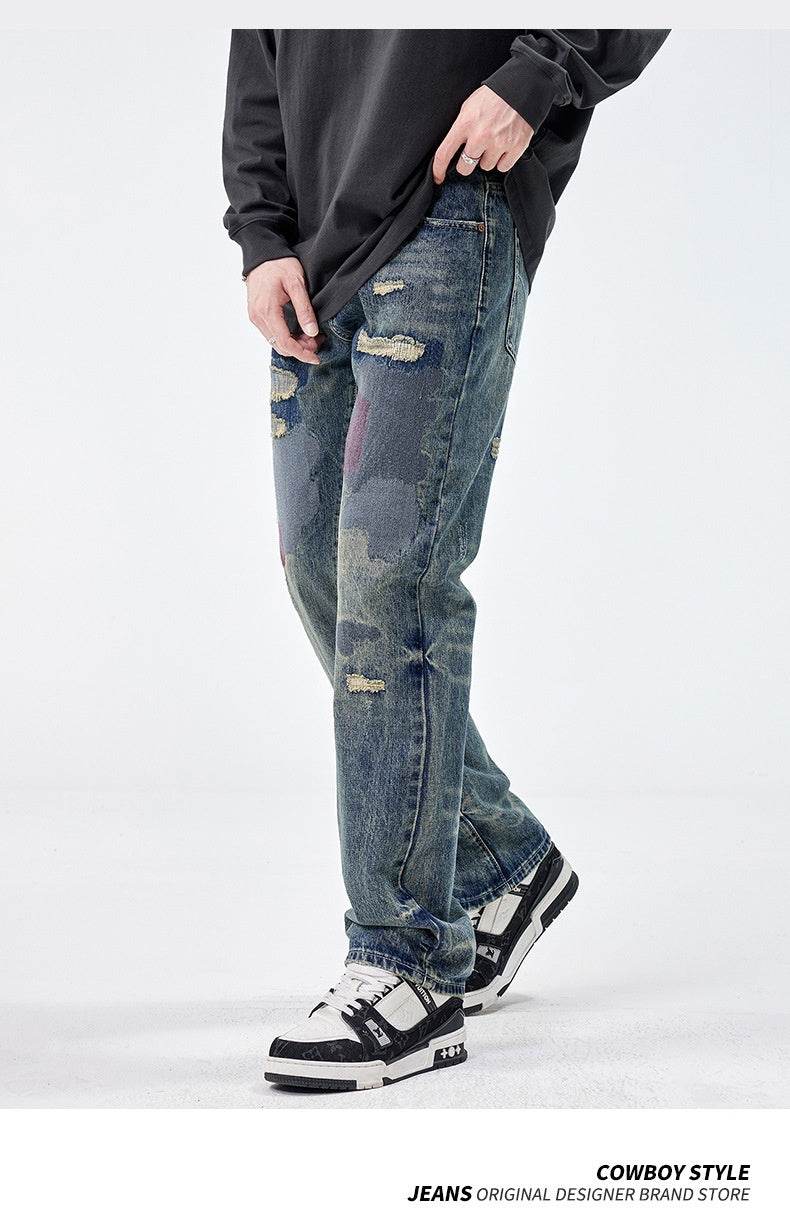American Style Loose Broken Patch Straight Retro Denim Jeans pant Trousers Men - EX-STOCK Canada