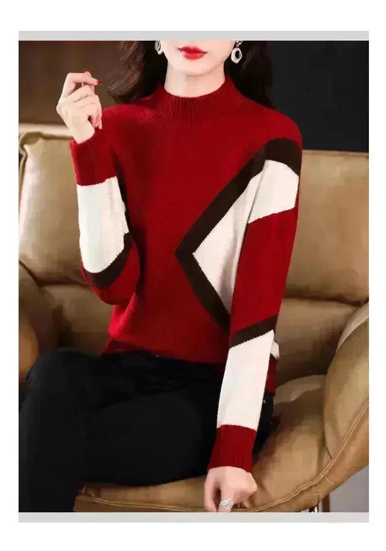 Women's Colour-Block Mock-Neck Sweater | Beige Camel, Green, Camel, Brown & Red | One Size