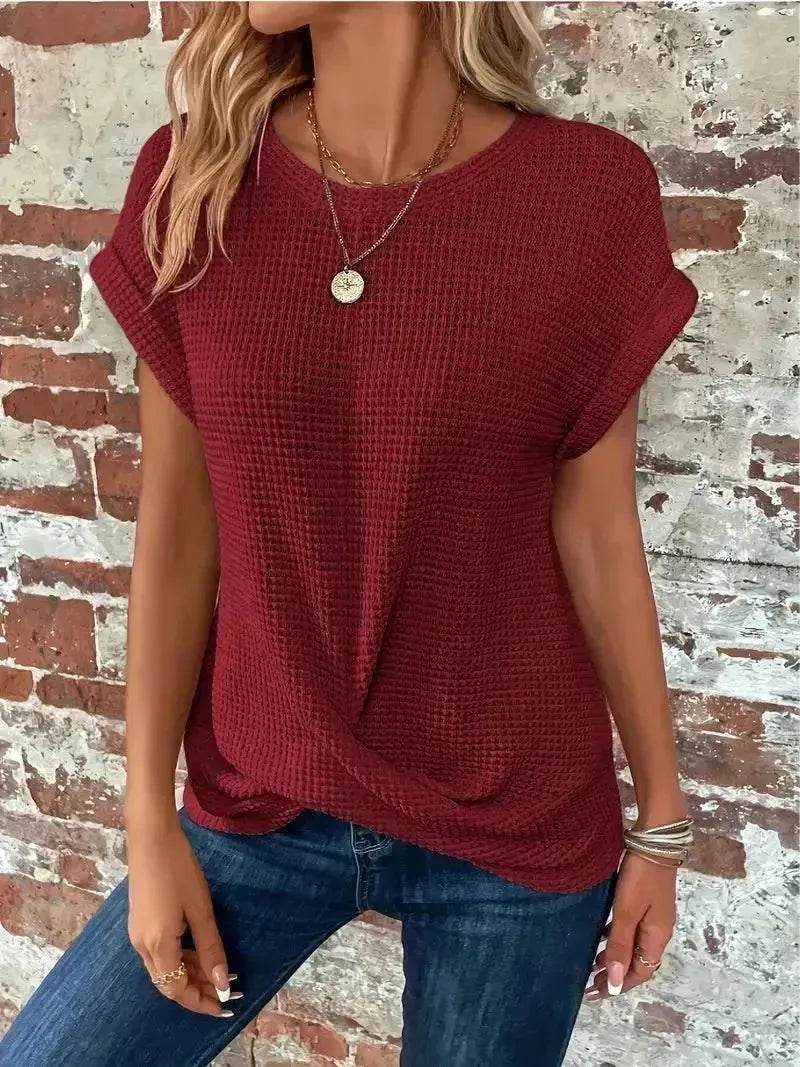 Casual Summer Short-sleeved Waffle blouse Top Summer New Solid Color Casual Evening Top For Women - EX-STOCK Canada