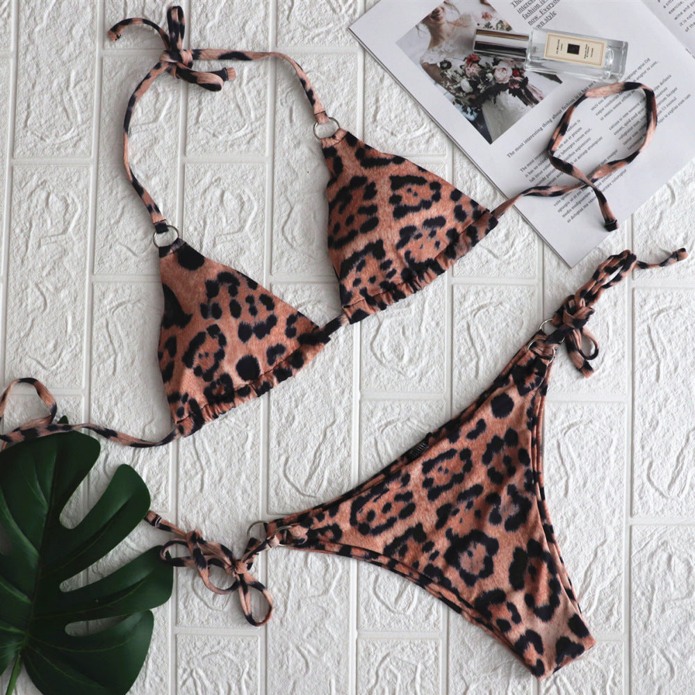Women's Leopard Print Bikini with Metal O-Ring – Triangle Top High-Cut Two-Piece Swimsuit