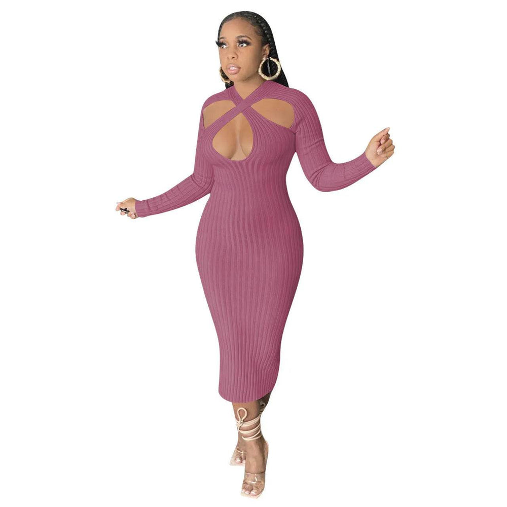 Chic V-neck Long Sleeve Midi Party Club Bodycon Pencil Dress - EX-STOCK Canada