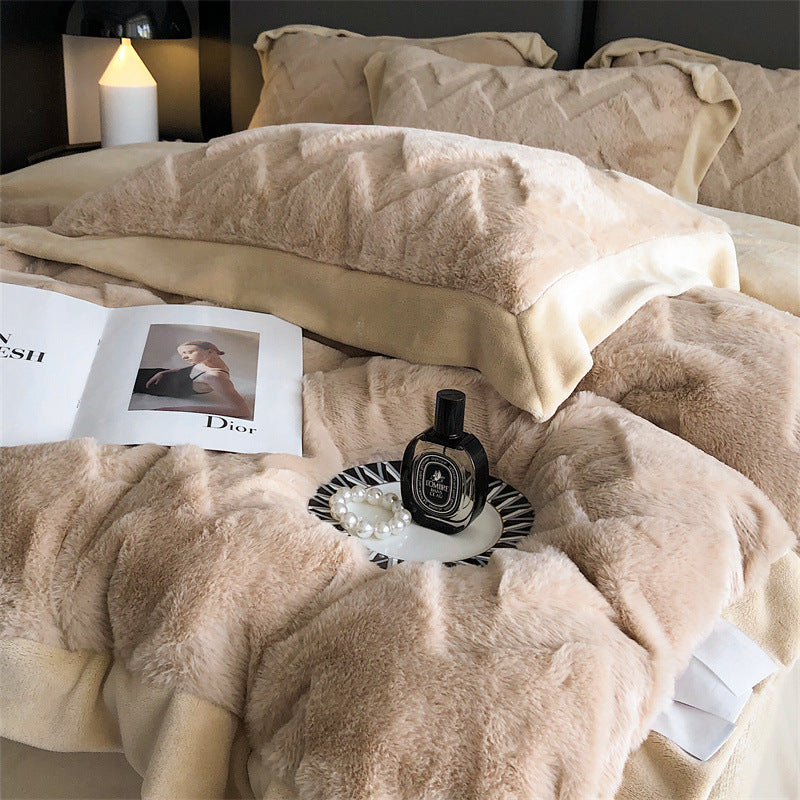 A Four Piece Set Of Rabbit Hair And Milk Velvet Duvet Cover On A Baby Plush Bed EX-STOCK Canada