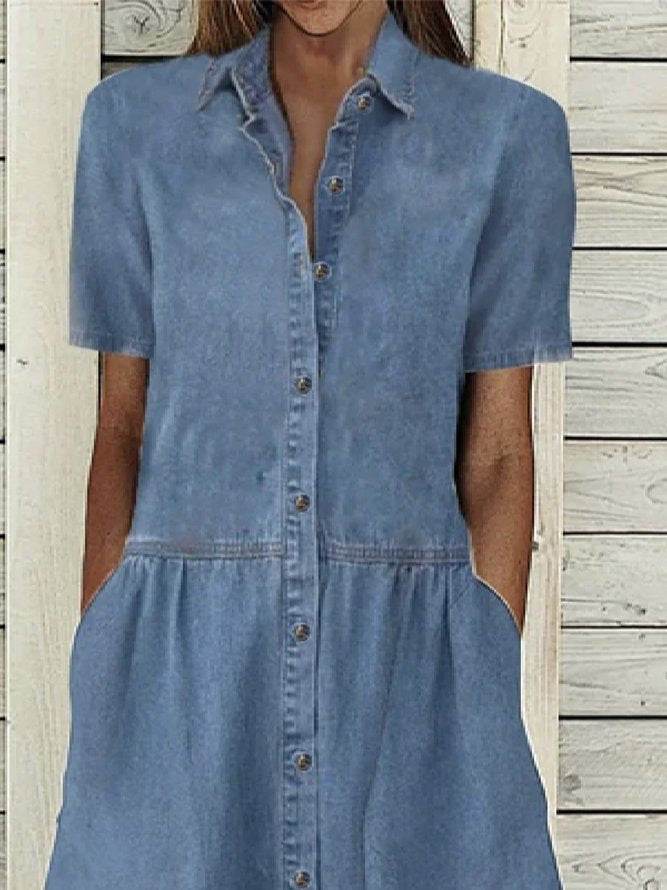Women's European And American Lapel Casual loose button down Midi Denim jeans Mum Dress - EX-STOCK Canada