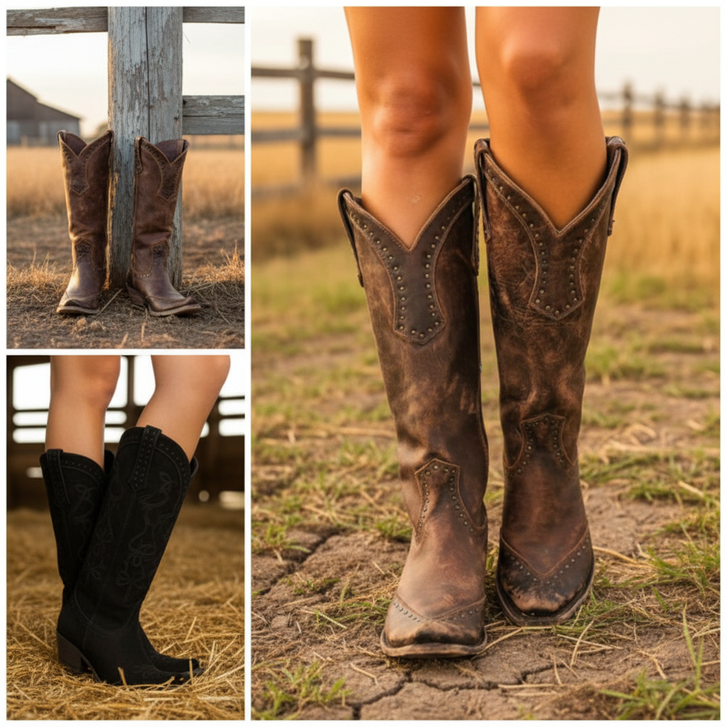 Three-panel collage showing knee-high western boots in use outdoors. The large right panel shows a person from the knees down wearing distressed brown boots on a dirt path with grass and fence posts.