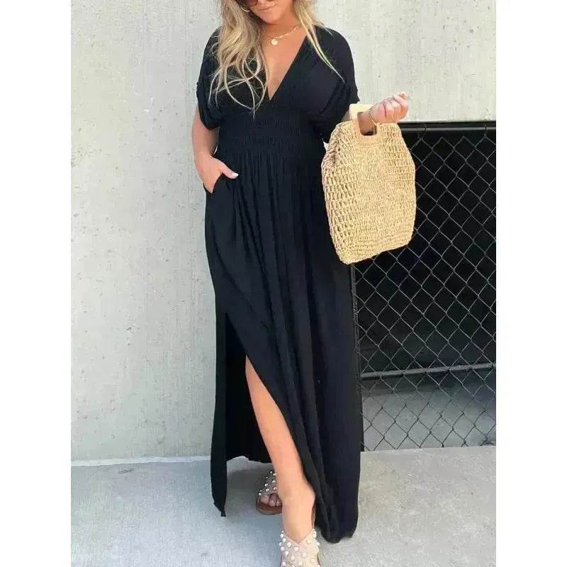 Fashion Bat-sleeved V-neck Slit Dress Summer Beach Short Sleeve Elastic Waist Split Long Dresses Womens Clothing - EX-STOCK Canada
