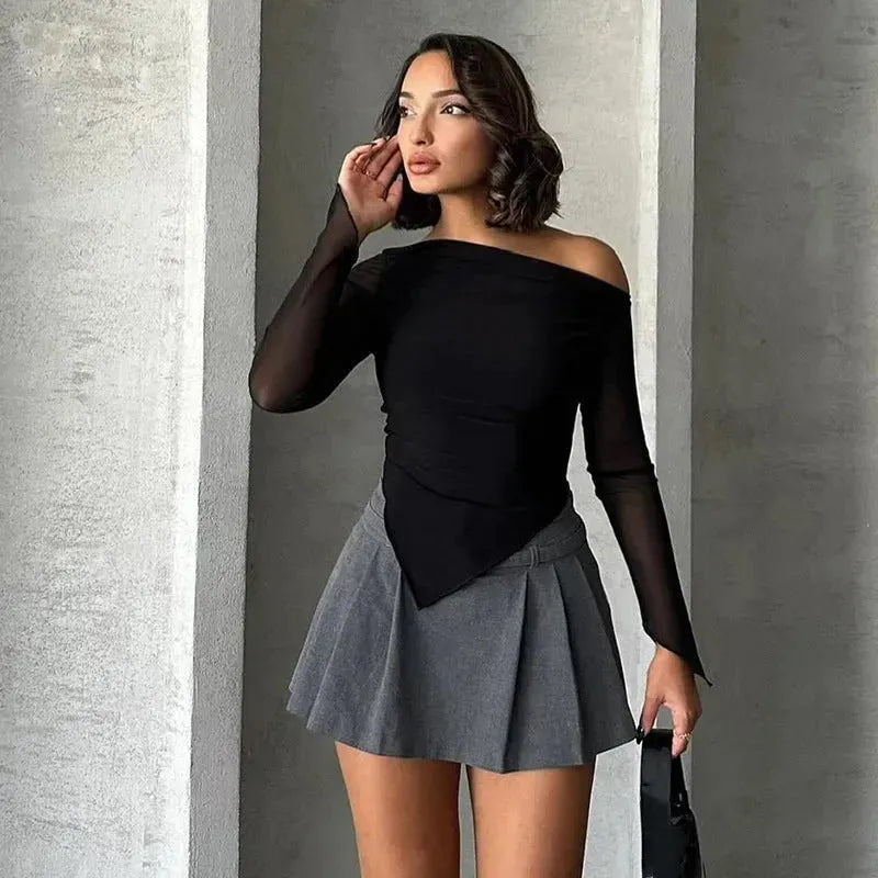 Slant shoulder Micro-transparent Irregular Bodycon top blouse women - EX-STOCK CANADA