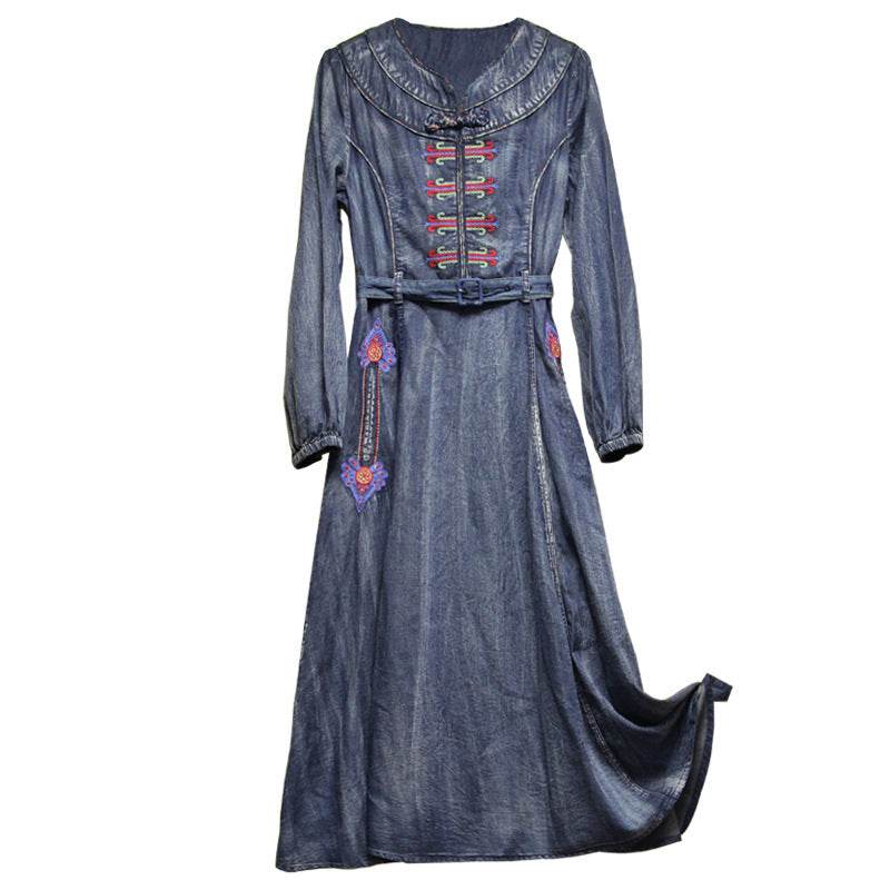Elegant Classy Long Sleeve Denim dress with belt Flared Embroidered Jeans Dress - EX-STOCK Canada