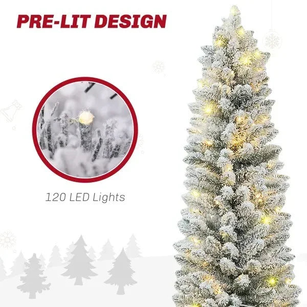5ft Artificial Prelit Christmas Tree With Warm White LED Light, Snow Flocked Branches, Metal Base, Pencil Xmas Tree EX-STOCK Canada