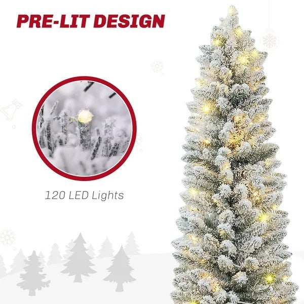 5ft Artificial Prelit Christmas Tree With Warm White LED Light, Snow Flocked Branches, Metal Base, Pencil Xmas Tree EX-STOCK Canada