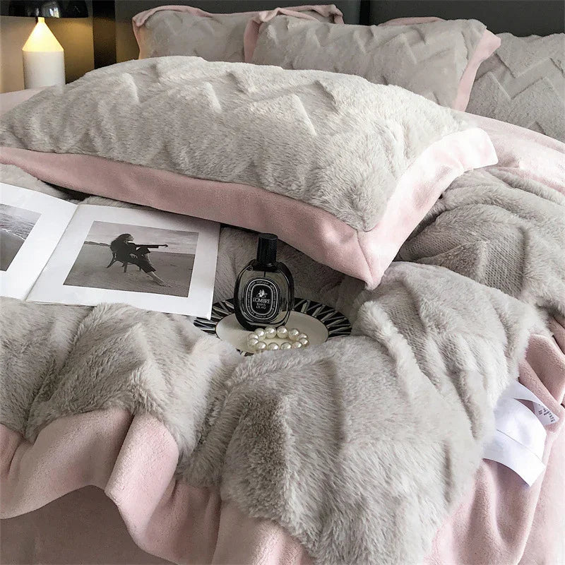 A Four Piece Set Of Rabbit Hair And Milk Velvet Duvet Cover On A Baby Plush Bed EX-STOCK Canada