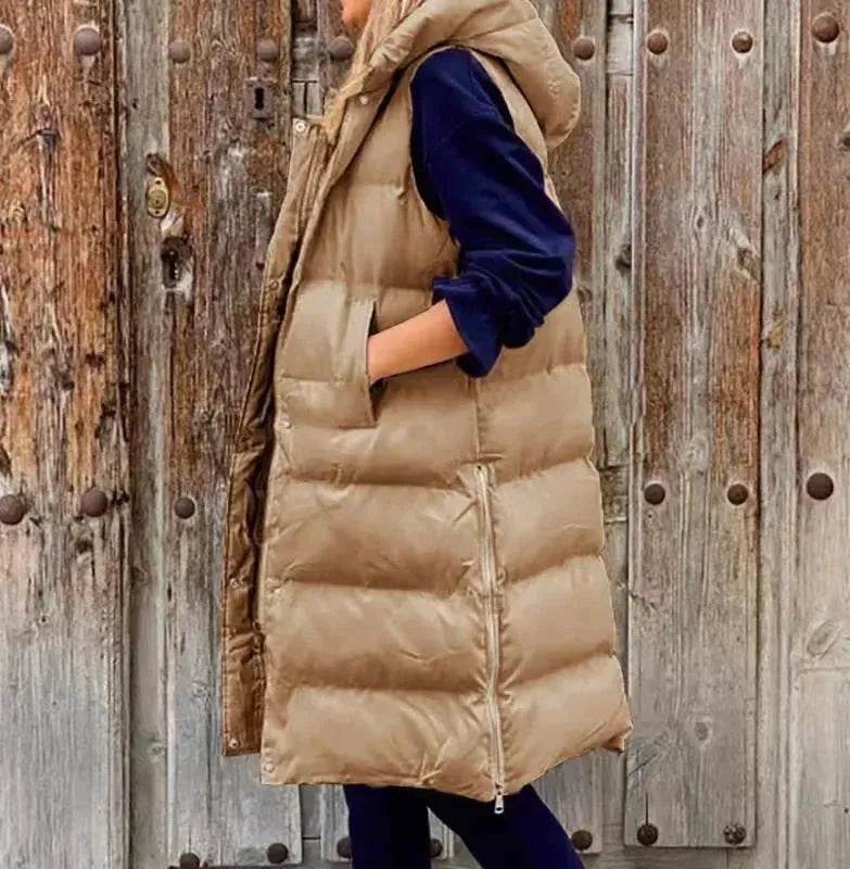 Pure Color Hooded Long Cotton Quilted Puffer Vest Casual - EX-STOCK Canada