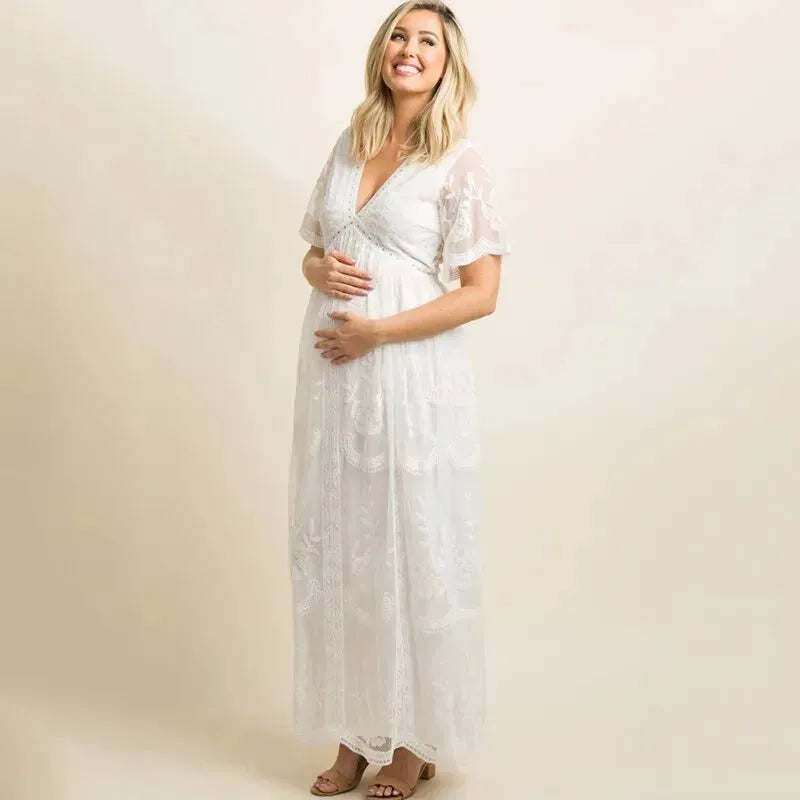 Maternity Dresses for Photo Shoot Summer V Neck White Lace Short Sleeve Pregnancy Dress Pregnant Women Photography Maxi Dress - EX-STOCK CANADA