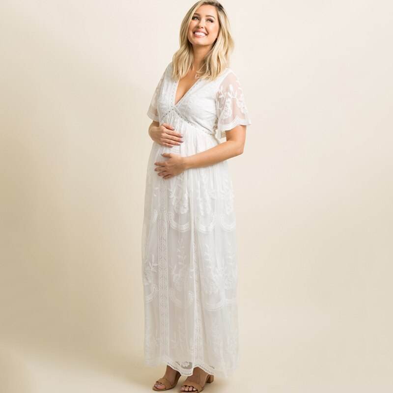 Maternity Dresses for Photo Shoot Summer V Neck White Lace Short Sleeve Pregnancy Dress Pregnant Women Photography Maxi Dress - EX-STOCK Canada