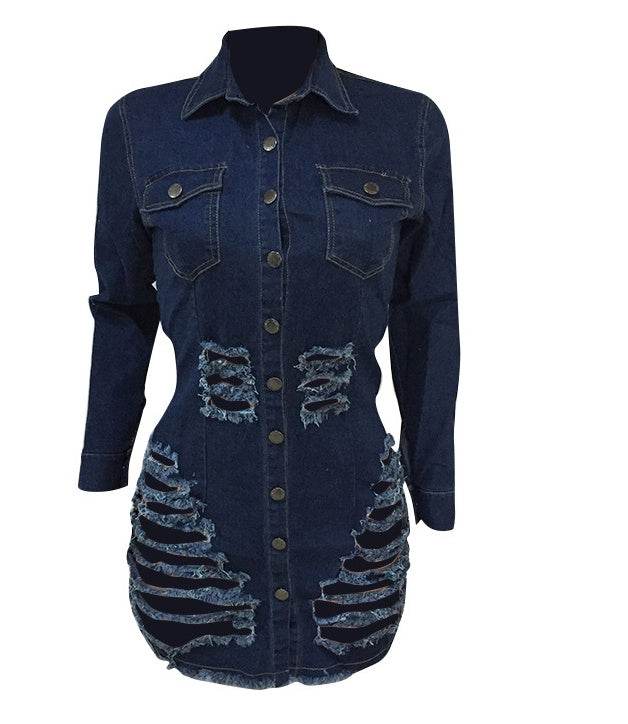 Chic Fashion Fitted Ripped Long Sleeve Jeans Denim hip dress - EX-STOCK Canada