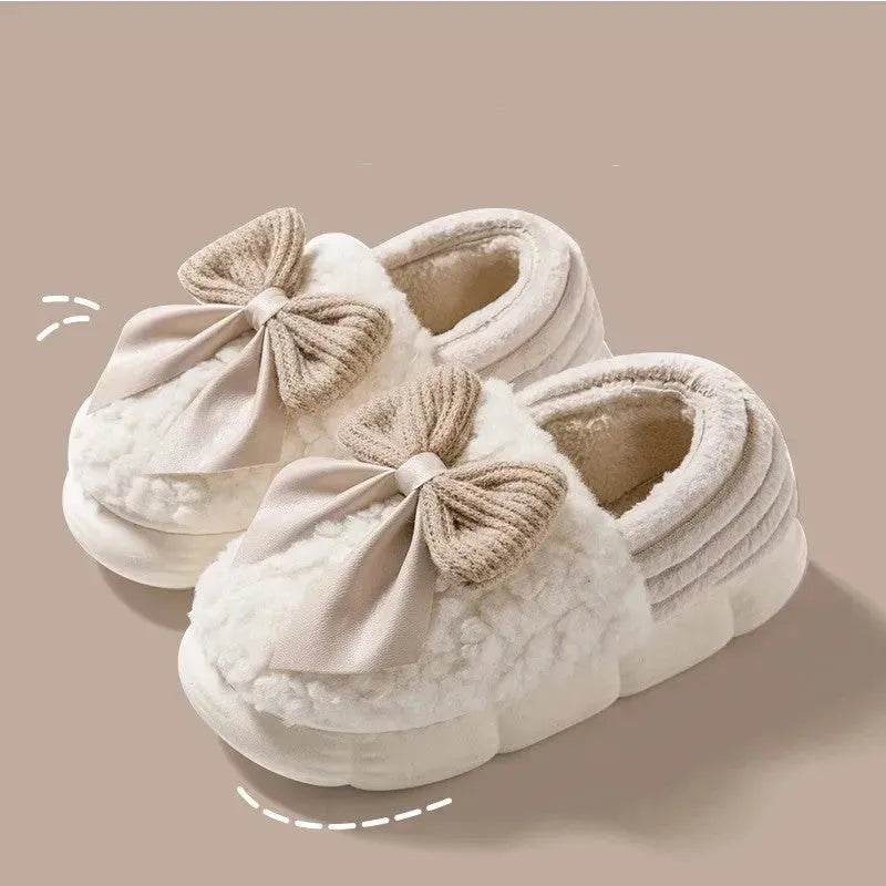 Big Bow-knot Fluffy Slippers Winter Warm Covered Heel Cotton Shoes Fashion Thick-soled Platform Slippers Indoor And Outdoor Garden Walking Shoes - EX-STOCK Canada