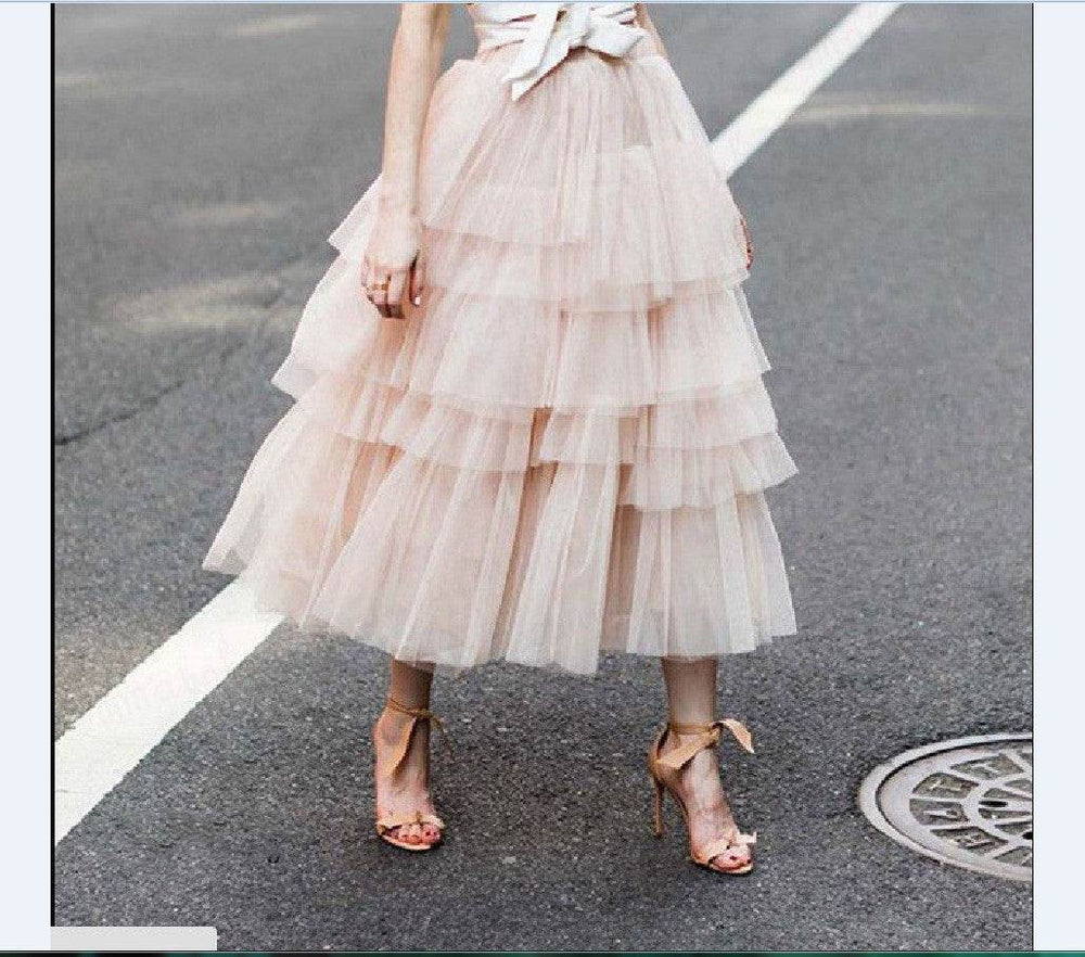 Summer Long Wave Ruffle Layered Ruched High Waist Midi tulle Skirt - EX-STOCK Canada