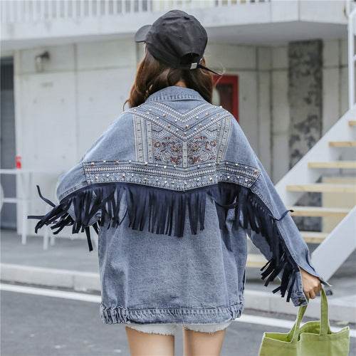 Elegant women Oversized Embroidered Tassel Fringe Denim Jacket - EX-STOCK Canada
