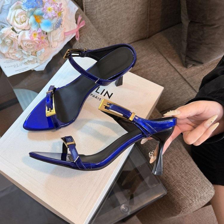 French Style Metal Buckle Pointed Toe Stiletto Sandals For Women
