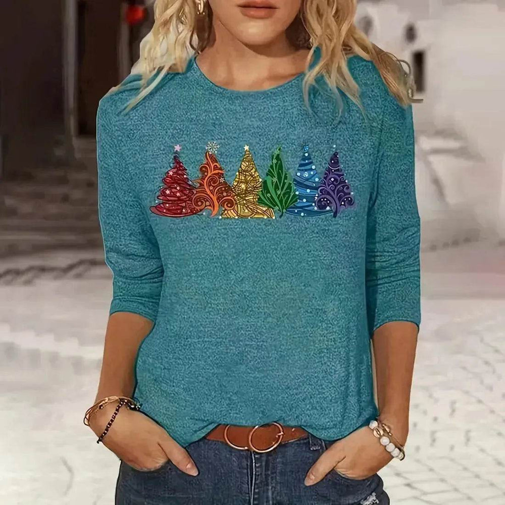 Women's Long-sleeved T-shirt Christmas Tree Printed Round Neck Loose Casual - EX-STOCK Canada