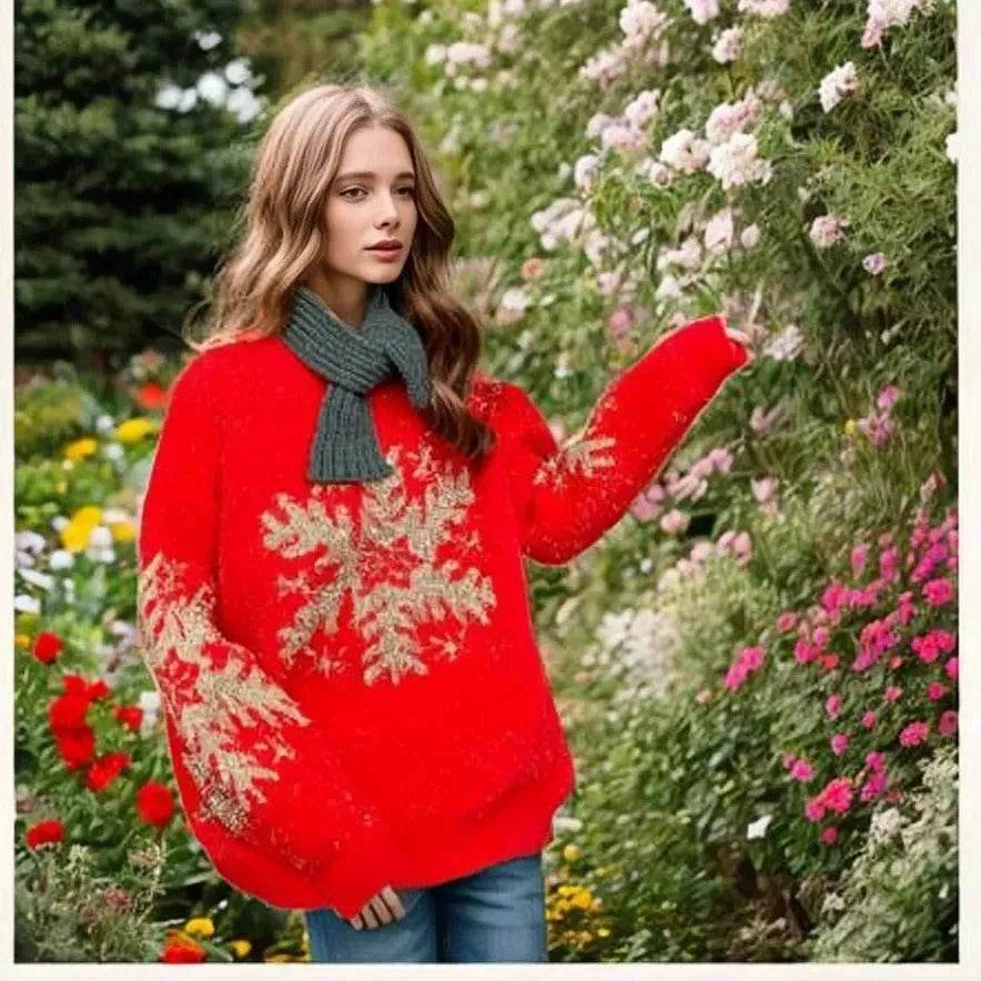 Christmas Deer Snowflakes Knit Sweater Pullover Round Neck Christmas Elk - EX-STOCK Canada