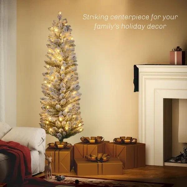 Sapin de Noël artificiel pré-éclairé de 5 pieds avec lumière LED blanche chaude, branches enneigées, base en métal, sapin de Noël en forme de crayonEX-STOCK Canada